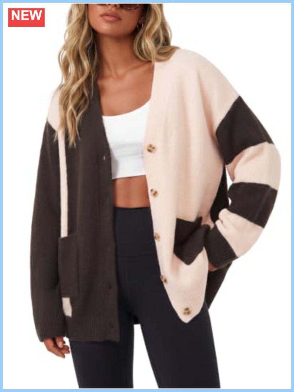 Wool Blend Oversized Color Block Cardigan V-Neck Button Front Pockets